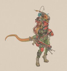  antennae_(anatomy) anthro boots clothing facial_piercing feathers flowerdino footwear gun hi_res machine male mecha nose_piercing nose_ring piercing ranged_weapon ring_piercing shoes solo tail weapon 