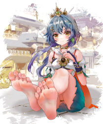  :3 armpit_crease barefoot blue_hair blush breasts buxue_luo_li_tang chinese_clothes closed_mouth crossed_legs earrings eyebrows_hidden_by_hair feet female foot_focus full_body hair_between_eyes highres honkai:_star_rail honkai_(series) jewelry long_hair looking_at_viewer nail_polish single_earring sitting small_breasts smile soles solo toes yellow_eyes yunli_(honkai:_star_rail) 