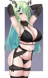  absurdres aidoruhakase alternate_costume antlers armpits arms_behind_head arms_up asymmetrical_bangs black_bra black_gloves black_panties black_thighhighs border bow bra breasts ceres_fauna cleavage closed_mouth commentary earclip earrings elbow_gloves english_commentary female flower garter_belt gloves gradient_hair green_hair hair_flower hair_ornament hair_over_one_eye hairbow hairclip highres hololive hololive_english horns jewelry lace lace_bra lace_gloves lace_panties lingerie long_hair looking_at_viewer mole mole_under_eye multicolored_hair navel navel_piercing o-ring o-ring_bottom o-ring_panties official_alternate_hairstyle panties piercing sidelocks smile solo standing stomach string_panties thighhighs underwear underwear_only virtual_youtuber white_border yellow_eyes 