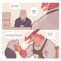  1:1 2024 absurd_res anthro apron black_sclera blue_body blue_scales blush business_suit clothed clothing comic_panel crocodilian dialogue digital_drawing_(artwork) digital_media_(artwork) dragon duo english_text greeting hi_res holding_object holding_paper male multicolored_body muscular muscular_anthro muscular_male mythological_creature mythological_scalie mythology open_mouth paper red_body red_scales reptile scales scalie simple_background simple_eyes speech_bubble suit tail text touching_face two_tone_body wolfanine yellow_sclera 