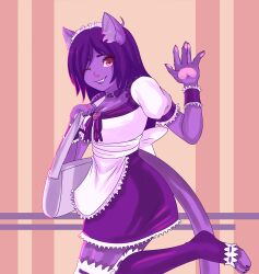  5_fingers absurd_res accessory anthro apron clothing collar colored_nails domestic_cat ear_piercing felid feline felis female fingers gesture hair headband hi_res lipstick maid_uniform makeup mammal nails near_reya nova-aurora pawpads piercing purple_hair purse solo uniform vtuber waving 