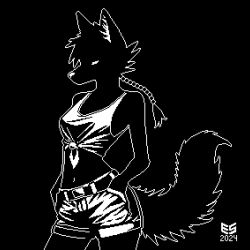  1:1 2024 anthro bare_shoulders belt belt_buckle black_and_white black_background black_body black_fur black_shading bottomwear braided_hair braided_ponytail breasts buckle canid canine canis clothing digital_media_(artwork) ezeeshady female fluffy fluffy_tail fur hair hands_in_both_pockets head_tuft inner_ear_fluff looking_down mammal midriff monochrome monotone_background narrowed_eyes navel outline pixel_(artwork) ponytail shirt shorts signature simple_background slim solo tail tied_shirt topwear tuft white_eyes white_inner_ear_fluff white_nose white_outline wolf 