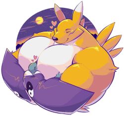  alpha_channel anthro bandai_namco big_pecs clothing cuddling digimon digimon_(species) duo fur gloves greenendorf handwear hug huge_pecs human male mammal moon muscular muscular_anthro night pecs renamon size_difference smile white_body white_fur yellow_body yellow_fur 