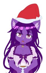  absurd_res accessory alpha_channel anthro bell beverage candy chocolate christmas christmas_clothing christmas_headwear clothing collar dessert domestic_cat felid feline felis female food hair hat headband headgear headwear hi_res holidays hot_chocolate lunarfroxy maid_uniform mammal nova-aurora purple_hair santa_hat solo uniform vtuber 