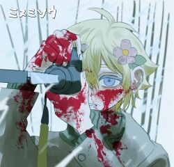  1boy absurdres aegyo_sal antenna_hair basil_(faraway)_(omori) basil_(omori) blonde_hair blood blood_on_clothes blood_on_face blood_on_hands blue_eyes camera flower hair_flower hair_ornament highres holding holding_camera knife lifejam_403 long_sleeves male_focus omori parted_lips short_hair solo translation_request upper_body 