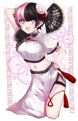  :d absurdres arm_behind_back arm_up black_hair black_shirt bun_cover chinese_clothes crop_top cropped_legs female folding_fan hand_fan highres looking_at_viewer maya_fa midriff multicolored_hair navel open_mouth pink_hair purple_eyes shirt short_hair side_slit skirt smile solo split-color_hair standing stomach tachibana_hinano_(vtuber) two-tone_shirt virtual_youtuber vspo! white_shirt white_skirt 