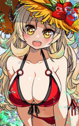  +_+ :d bare_shoulders bikini black_horns blue_archive blush breasts cleavage collarbone commentary_request cowboy_shot curled_horns female flower front-tie_bikini_top front-tie_top hair_between_eyes hat hat_flower highres horns izumi_(blue_archive) izumi_(swimsuit)_(blue_archive) large_breasts long_hair looking_at_viewer midriff navel o-ring o-ring_bikini official_alternate_costume open_mouth red_bikini side-tie_bikini_bottom sidelocks smile solo standing straw_hat swimsuit yasume_yukito yellow_eyes 