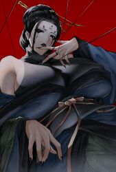  absurdres bare_shoulders black_eyes black_hair black_lips black_myth:_wukong black_nails breasts chinese_clothes english_commentary facial_mark female forehead_mark fourth_sister_(black_myth:_wukong) from_below hair_bun hair_ornament hair_stick highres huge_breasts looking_at_viewer looking_down mature_female pale_skin red_background runny_makeup simple_background solo string wide_sleeves z_enatsu 