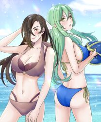  2girls alternate_costume ass ass_visible_through_thighs bikini blue_bikini blush breasts brown_bikini brown_eyes brown_hair commission fire_emblem fire_emblem:_path_of_radiance fire_emblem_fates green_hair highres kagero_(fire_emblem) kousetu0506 large_breasts looking_at_viewer multiple_girls nephenee_(fire_emblem) ocean outdoors ponytail skeb_commission swimsuit 