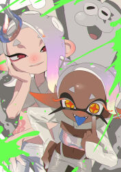  1boy 2girls absurdres akanbe big_man_(splatoon) blonde_hair blue_tongue cephalopod_eyes chinese_commentary chromatic_aberration colored_eyelashes colored_tongue commentary_request criss-cross_halter crop_top cross-shaped_pupils dark-skinned_female dark_skin eyelid_pull fangs fingernails frye_(splatoon) gradient_hair grey_hair grin hair_horns hair_ornament hair_over_one_eye halterneck hand_on_own_face hand_on_own_hip head_rest highres horizontal_pupils inkling leaning_forward long_eyelashes long_pointy_ears looking_at_viewer manta_ray medium_hair midriff multicolored_hair multiple_girls namazuoku navel octoling official_alternate_costume official_alternate_hairstyle open_mouth orange_pupils pants pointy_ears purple_hair red_eyes red_pupils sharp_fingernails shirt shiver_(splatoon) shrug_(clothing) smile splatoon_(series) splatoon_3 stomach_tattoo strapless suction_cups symbol-shaped_pupils tattoo tentacle_hair tongue tongue_out tube_top white_pants white_shirt x_hair_ornament yellow_eyes 