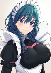  absurdres alternate_costume apron black_dress blue_eyes blue_hair blush breasts byleth_(female)_(fire_emblem) byleth_(fire_emblem) closed_mouth commentary_request dress enmaided female fire_emblem fire_emblem:_three_houses hair_between_eyes head_tilt highres large_breasts long_hair long_sleeves looking_at_viewer maid maid_headdress simple_background smile solo ushiroki white_apron white_background 