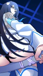  absurdres ass black_panties blue_background blue_eyes blue_hair dress female highres holding holding_sword holding_weapon junketsu kill_la_kill kiryuuin_satsuki long_hair looking_at_viewer lower_body panties simple_background solo sword tlotro underwear upper_body weapon white_background white_dress 