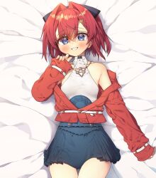  ange_katrina ange_katrina_(2nd_costume) bare_shoulders belt black_bow blue_eyes blush bow collarbone crossed_bangs female hair_between_eyes hair_intakes harumina_mau high-waist_skirt highres jacket jewelry looking_at_viewer lying medium_hair necklace nijisanji off_shoulder on_bed red_hair red_jacket skirt sleeves_past_wrists smile solo triangle_hair_ornament virtual_youtuber white_belt 