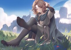  absurdres arm_up black_pantyhose blue_sky blush brown_hair closed_mouth crossed_legs daxieshen_huashi day dorsiflexion dress elden_ring eyelashes feet female foot_up foreshortening full_body grass grey_cloak grey_dress highres legs long_sleeves looking_at_viewer medium_hair melina_(elden_ring) no_shoes on_ground one_eye_closed outdoors pantyhose parted_bangs see-through see-through_legwear sitting sky soles solo toes yellow_eyes 