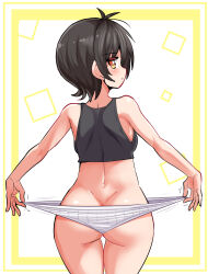  ass black_hair black_tank_top border butt_crack closed_mouth commentary cougar_(cougar1404) cowboy_shot female from_behind light_frown looking_at_viewer looking_back motion_lines nari_(cougar1404) original panties ribbed_panties short_hair solo standing tank_top underwear underwear_only white_panties yellow_border yellow_eyes 