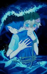  2boys absurdres aqua_eyes bags_under_eyes basil_(faraway)_(omori) basil_(omori) blonde_hair blue_hair blue_sweater_vest blue_theme closed_mouth colored_eyelashes fingernails flower from_behind hair_between_eyes hair_flower hair_ornament hands_on_another&#039;s_back highres hug lifejam_403 male_focus multiple_boys omori partially_submerged pink_flower rope shirt short_hair short_sleeves smile sunny_(omori) sweater_vest upper_body waves wet wet_clothes wet_hair white_shirt 