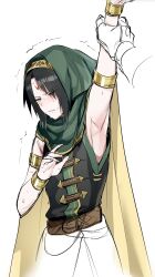  1boy armband armpits belt black_hair blush bracelet echigoya_takeru facial_mark fire_emblem fire_emblem:_radiant_dawn forehead_mark gold_bracelet headdress highres holding_another&#039;s_arm jewelry long_hair otoko_no_ko red_eyes sleeveless soren_(fire_emblem) sweatdrop trembling 