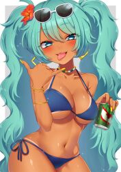  alternate_breast_size aqua_eyes aqua_hair bikini blue_bikini blush bracelet brazilian_miku breasts can cleavage drink_can earrings eyebrows_hidden_by_hair eyewear_on_head female flower guarana_antarctica hair_between_eyes hair_flower hair_ornament hatsune_miku holding holding_can jewelry komaki_yuzu large_breasts looking_at_viewer multicolored_nails navel shadow simple_background smile soda_can solo stomach sunglasses swimsuit tan tanlines teeth tongue underboob upper_teeth_only vocaloid 