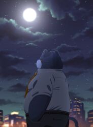  2024 anthro bottomwear clothing cloud detailed_background domestic_cat felid feline felis hi_res kemono male mammal moon necktie night outside overweight overweight_male pants shirt solo star topwear trailssfm 