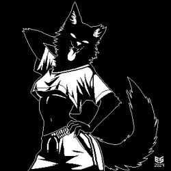  1:1 2024 anthro black_and_white black_background black_body black_fur black_shading bottomwear breasts canid canine canis claws clothing crop_top curvy_figure digital_media_(artwork) ezeeshady fangs female finger_claws fingers fluffy fluffy_tail fur hand_behind_head hand_on_hip head_tuft inner_ear_fluff looking_at_viewer mammal midriff monochrome monotone_background navel notched_ear open_mouth outline pants pixel_(artwork) raised_arm shirt signature simple_background smile smiling_at_viewer solo sweatpants tail teeth tongue tongue_out topwear tuft under_boob white_bottomwear white_clothing white_eyes white_fangs white_inner_ear_fluff white_nose white_outline white_tongue white_topwear wolf 