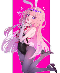  !? animal_ears blush breasts cleavage cuffs emi537469 fake_animal_ears fake_tail female handcuffs heart heart-shaped_pupils high_heels long_hair nijisanji open_mouth pink_hair playboy_bunny purple_eyes rabbit_ears rabbit_tail small_breasts solo suo_sango sweat symbol-shaped_pupils tail very_long_hair virtual_youtuber 