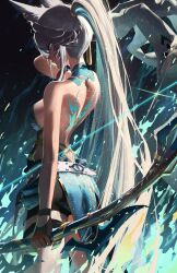  absurdres aqua_dress aqua_eyes backless_dress backless_outfit bare_arms bare_back bare_shoulders bow_(weapon) cowboy_shot dress english_commentary feixiao_(honkai:_star_rail) female grey_hair highres holding holding_bow_(weapon) holding_weapon honkai:_star_rail honkai_(series) long_hair looking_at_viewer meltyrice ponytail solo standing thighs very_long_hair weapon 