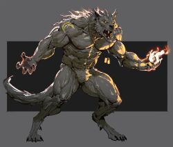  abs biceps canid canine dog_tags elemental_manipulation fire fire_manipulation fur grey_body grey_fur hi_res male mammal muscular muscular_male muscular_thighs mythological_canine mythological_creature mythology nipples nude pacelic pecs solo were werecanid werecanine werewolf yellow_eyes 