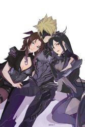  1boy 2girls aerith_gainsborough armor bahamut_aerith bahamut_tifa black_hair blonde_hair breasts brown_eyes brown_hair cleavage cloud_strife cloud_strife_(bahamut_garb) fake_horns final_fantasy final_fantasy_vii final_fantasy_vii_ever_crisis girl_sandwich green_eyes highres horned_headwear horns leaning_on_person looking_at_viewer mask multiple_girls official_alternate_costume sandwiched tifa_lockhart vanekairi 