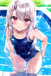  adjusting_clothes adjusting_swimsuit blue_one-piece_swimsuit blush fate/kaleid_liner_prisma_illya fate_(series) female hanagata_kai illyasviel_von_einzbern one-piece_swimsuit pool red_eyes school_swimsuit solo sunlight swimsuit water water_drop wet white_hair 