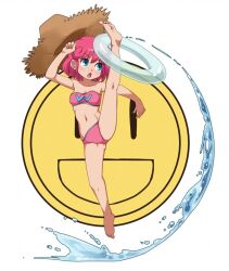  ass_visible_through_thighs barefoot bikini blue_eyes breasts clenched_hand collarbone fantia_sample female full_body hat high_kick image_sample innertube kicking kneepits looking_to_the_side navel official_alternate_costume pastel_(twinbee) pink_bikini pink_hair print_bikini short_hair simple_background smiley_face solo strapless strapless_bikini straw_hat stupa13a swim_ring swimsuit toes tube_top twinbee v-shaped_eyebrows water 