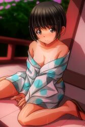  barefoot_sandals between_legs black_hair blurry blush bob_cut breasts brown_eyes depth_of_field feet female fruit_print hand_between_legs highres japanese_clothes kimono kimono_pull large_breasts looking_at_viewer matsunaga_kouyou nose_blush one-piece_tan original outdoors print_kimono sandals sidelocks sitting smile solo tan tanlines wariza wet white_kimono 