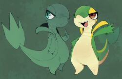  ambiguous_gender anthro biped duo fangs frown generation_5_pokemon gesture goonie-san green_background green_body green_eyes hi_res leaf leaf_tail mouth_closed multicolored_body nintendo open_mouth pokemon pokemon_(species) simple_background snivy tail tan_body teeth tongue waving yellow_body 