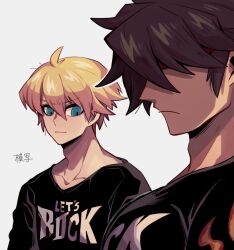  2boys :i adam&#039;s_apple black_shirt blonde_hair blue_eyes brown_hair closed_mouth collarbone english_text girl_staring_at_guy&#039;s_chest_(meme) guilty_gear guilty_gear_strive hair_between_eyes hair_over_eyes ky_kiske large_pectorals looking_at_breasts mako_gai male_focus meme multiple_boys no_eyes pectorals print_shirt ringed_eyes scoop_neck shirt simple_background sol_badguy t-shirt upper_body white_background 