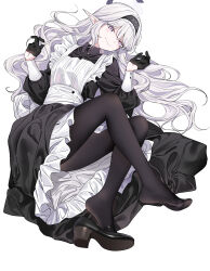  black_gloves black_pantyhose blue_archive elf feet frilled_sleeves frills gloves high_heels highres light_smile maid nakamura_rohane pantyhose pointy_ears purple_eyes shoe_dangle white_background white_hair 