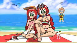  1boy 1boy2girls 2girls 2girls1boy age_difference alicia_(writers_crusaders) alicia_strawberry_thomson amy_(writers_crusaders) amy_strawberry_thomson bare_shoulders beach beach_ball beach_towel belly belly_button bikini bird blonde_hair blue_eyes blue_sky blush boobs breast british cake cake_slice cameltoe cloud cocktail_umbrella cute day drinking_glass facing_viewer flat_chest flip-flops freckles freckles_on_breasts full_body glasses glasses_on_head green_eyes knee_up long_hair medium_breasts midriff miniskirt ocean orange_hair outdoors red_bikini red_hair sandals saucer shorts sisters sitting smile straw_hat strawberry striped_bikini sunglasses sunglasses_on_forehead sunglasses_on_head swim_trunks swimming_trunks swimsuit teucer_(writers_crusaders) teucer_peanut_audrey texas thick_thighs thighs twin_braids utensil very_long_hair wading wariza wcjuan white-framed_eyewear white_skirt writers_crusaders yellow_swimwear 