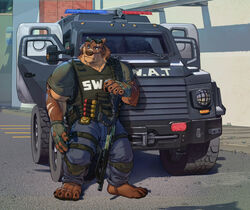  anthro armored_vehicle bear boardwalkfogg brown_bear bulletproof_vest digital_media_(artwork) eyewear eyewear_on_head grizzly_bear gun gus_(grizzlygus) kodiak_bear law_enforcement male mammal police police_officer police_vehicle ranged_weapon shell_(projectile) shotgun shotgun_shell solo sunglasses sunglasses_on_head swat tactical tactical_gear ursine vehicle weapon 