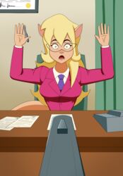  anthro arms_above_head business_suit callie_briggs chair clothing desk domestic_cat electronics eyewear felid feline felis female furniture glasses gun handgun hanna-barbera hi_res imightbemick landline_phone looking_at_viewer mammal open_mouth paper pen phone ranged_weapon sitting solo suit surprise swat_kats table weapon 