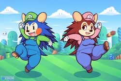  3:2 animal_crossing anthro blue_sky cloud cosplay duo eulipotyphlan eye_contact female guywiththepie hedgehog hi_res looking_at_another mabel_able mammal mario_bros nintendo sable_able sibling_(lore) sister_(lore) sisters_(lore) sky 