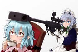  2girls anti-materiel_rifle apron bat_wings blue_eyes blue_hair bolt_action braid chair closed_mouth commentary cup dress fingernails gloves greenkohgen grey_background grey_hair gun hair_between_eyes hair_intakes holding holding_cup holding_gun holding_weapon izayoi_sakuya long_fingernails long_sleeves maid_headdress multiple_girls nail_polish no_headwear open_mouth pgm_hecate_ii pointy_ears red_eyes red_nails remilia_scarlet rifle short_hair simple_background sniper_rifle sweat teacup touhou weapon white_apron white_gloves wings 