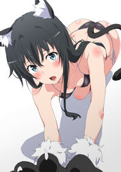  absurdres all_fours animal_ear_fluff animal_ears ass bikini black_bikini black_hair blue_eyes blush body_blush breasts cat_ears cat_tail claws commentary female hair_between_eyes highres long_hair looking_at_viewer open_mouth shou937 side-tie_bikini_bottom simple_background small_breasts solo swimsuit tail white_background yahari_ore_no_seishun_lovecome_wa_machigatteiru. yukinoshita_yukino 