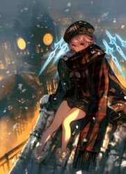  ankle_boots bare_legs blurry blurry_background boots clock clock_tower coat female fur-trimmed_boots fur_trim garuku grey_hair hat looking_at_viewer magic on_roof original outdoors plaid_headwear rooftop scarf snow snowing solo tower weapon white_footwear 