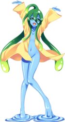  ahoge artist_request blue_skin breasts colored_skin female full_body green_eyes green_hair long_hair monster_girl monster_musume_no_iru_nichijou monster_musume_no_iru_nichijou_online naked_raincoat official_art open_mouth raincoat slime_girl small_breasts solo suu_(monster_musume) tentacle_hair transparent_background very_long_hair yellow_raincoat 