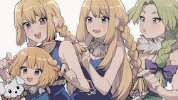  4girls absurdres bad_id bad_pixiv_id blonde_hair blue_dress blush braid canine commentary_request dr._stone dress hanada_nikki heart heart-shaped_pupils highres kohaku_(dr._stone) kojirou_(kojirou_sousaku) multiple_girls open_mouth rope_belt ruri_(dr._stone) suika_(dr.stone) symbol-shaped_pupils 