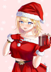  absurdres blonde_hair blue_eyes blush bob_cut box breasts christmas collarbone commentary cowboy_shot crop_top earrings female fur-trimmed_gloves fur-trimmed_headwear fur_trim gift gift_box gloves hair_ornament hand_on_own_chest hat highres holding holding_box holding_gift hololive hololive_english jewelry looking_at_viewer medium_breasts medium_hair midriff_peek naisewow navel off-shoulder_shirt off_shoulder open_mouth red_gloves red_hat red_skirt santa_costume santa_hat shirt short_sleeves skirt smile solo star_(symbol) star_earrings star_hair_ornament virtual_youtuber watson_amelia 