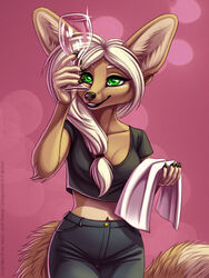  2020 anthro black_nose blonde_hair breasts canid canine digital_media_(artwork) female fennec_fox fox fur glass green_eyes hair jenny_miles mammal midriff pink_background shinigamigirl simple_background solo standing tan_body tan_fur tan_hair towel true_fox 