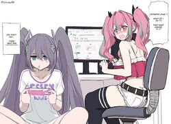  ! !! ... 2girls :o absurdres alternate_costume anger_vein azur_lane back bags_under_eyes bare_shoulders belt black_belt black_thighhighs blue_eyes blush breast_envy breasts bremerton_(azur_lane) chair cleavage collarbone commentary computer computer_tower controller crop_top crying crying_with_eyes_open desk dishwasher1910 embarrassed english_text eyes_visible_through_hair feet_out_of_frame frilled_shirt frills game_console game_controller grey_hair hair_between_eyes hair_ornament hair_ribbon headgear highres intrepid_(azur_lane) it&#039;s_all_fucking_lewds_(meme) jitome large_breasts long_hair looking_at_another meme midriff monitor multicolored_hair multiple_girls nintendo open_mouth pink_eyes pink_hair pixiv playing_games remote_control ribbon shaded_face shirt short_shorts short_sleeves shorts shouting sideboob sidelocks simple_background sitting sleeveless sleeveless_shirt speech_bubble streaked_hair t-shirt tears thighhighs thought_bubble twintails twitter_username two-tone_hair two_side_up very_long_hair white_background white_shirt white_shorts wii wii_remote 