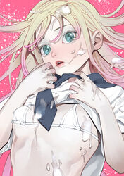  bikini blonde_hair blue_eyes blue_sailor_collar breasts bukkake clothes_lift commentary_request cum cum_on_body cum_on_clothes cum_on_hair cum_on_hands cum_on_stomach facial female gradient_hair hair_between_eyes hands_up highres inamitsu_shinji lifting_own_clothes lips long_hair looking_at_viewer multicolored_hair original parted_lips pink_background pink_hair sailor_collar school_uniform serafuku shirt shirt_lift short_sleeves simple_background small_breasts solo string_bikini swimsuit tearing_up two-tone_hair upper_body white_bikini white_shirt 