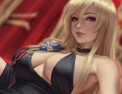  azur_lane bad_id bad_twitter_id bismarck_(azur_lane) bismarck_(beacon_of_the_iron_blood)_(azur_lane) bismarck_(coat_of_arms) black_dress blonde_hair blue_eyes breasts cleavage coat_of_arms cross dress female hair_between_eyes indoors iron_cross large_breasts long_hair looking_to_the_side medal nose official_alternate_costume sciamano240 sidelocks sitting solo 