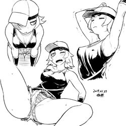  armpits baseball_cap blush breasts closed_mouth dated female greyscale hat monochrome one_eye_closed open_mouth panties pokemon pokemon_sm punk_girl_(pokemon) short_hair signature simple_background solo striped_clothes striped_panties tank_top tsukudani_(coke-buta) underwear white_background 