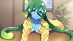  ahoge artist_request blue_skin blush breasts colored_skin couch female game_cg green_eyes green_hair indoors leaning_forward long_hair looking_at_viewer monster_girl monster_musume_no_iru_nichijou monster_musume_no_iru_nichijou_online naked_raincoat official_art plant raincoat slime_girl small_breasts smile solo suu_(monster_musume) tentacle_hair very_long_hair yellow_raincoat 